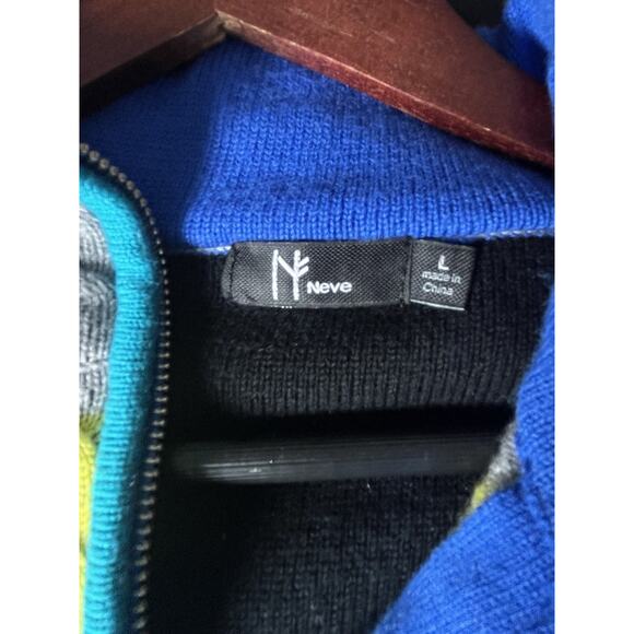 Neve Wool Sweater 1/4 Zip Black Multicolor Large Ski Stripes Preppy Mock Neck - Picture 9 of 9